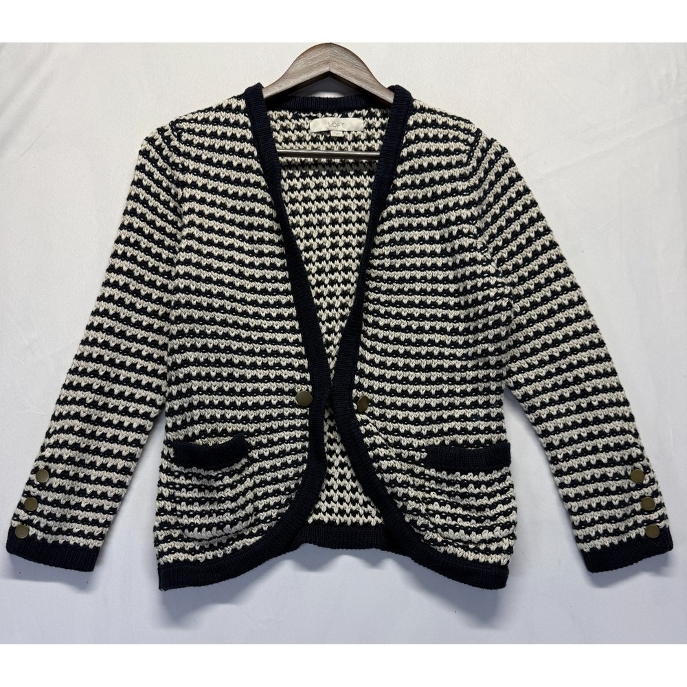 Ann Taylor Loft Cardigan Sweater Womens L Cream Navy Chunky Knit Button Detail‎